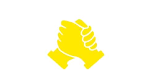 Deux mains serrées en poignée de main jaune.