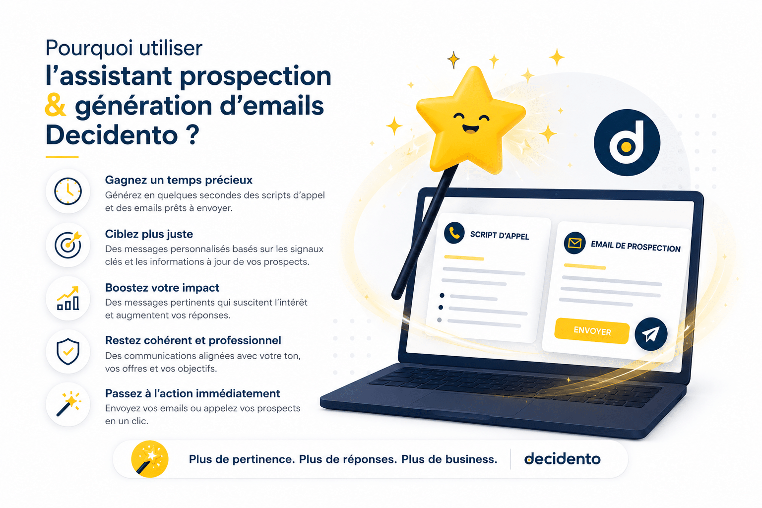 image generation Assistant prospection et génération d'emails Decidento, avantages clés.